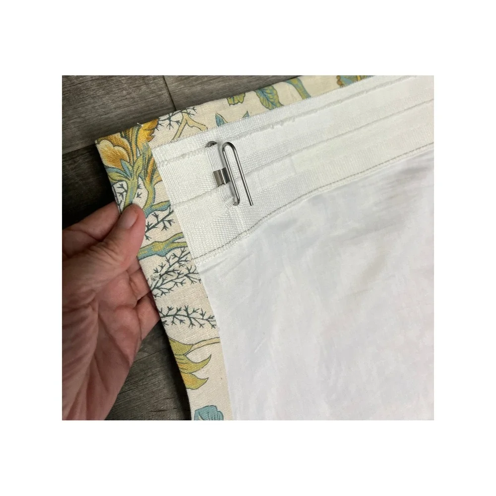 Pottery Barn Floral Linen Cotton Lined Curtain Panels Yellow Teal 50x96 Set of 2